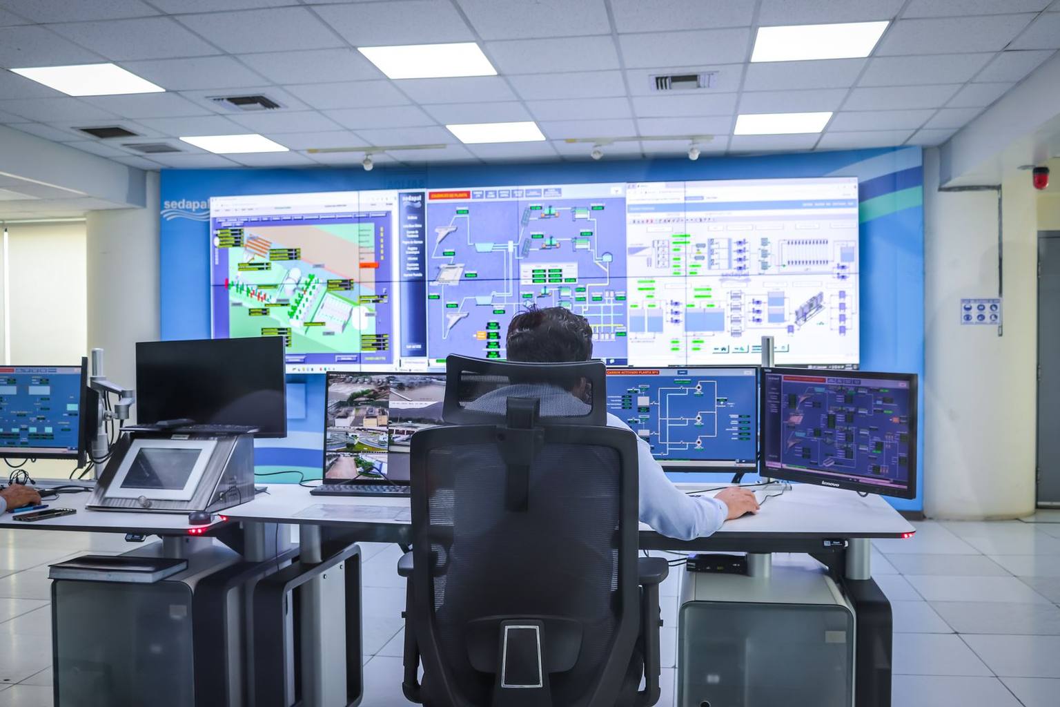 Control room with multiple monitors showing plant data trends
